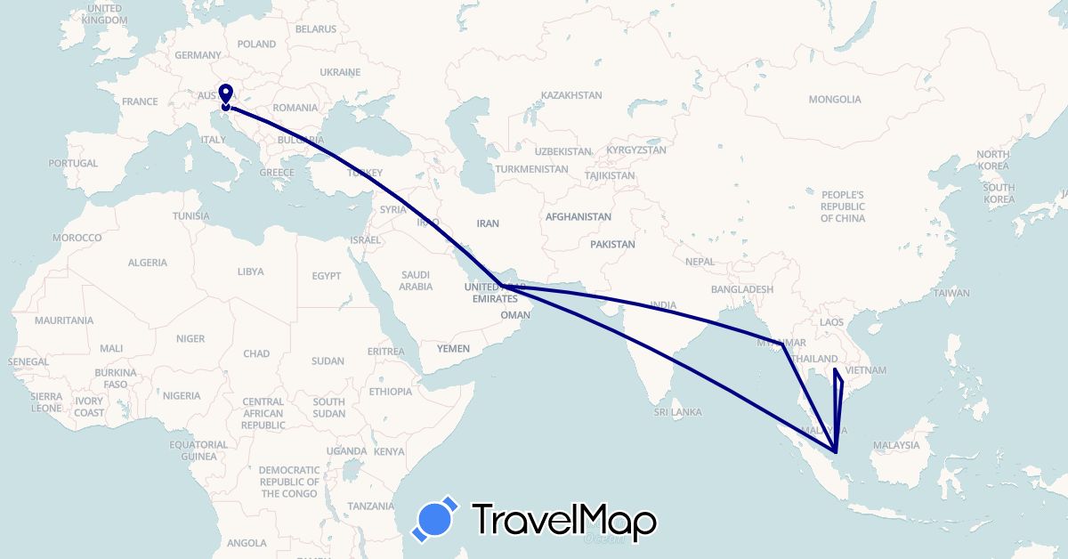 TravelMap itinerary: driving in United Arab Emirates, Croatia, Cambodia, Myanmar (Burma), Singapore, Slovenia (Asia, Europe)